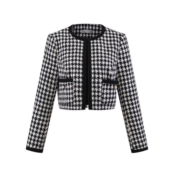 Hobemty Jackets & Blazers - Houndstooth Blazer Collarless Crop Plaid Tweed Jacket Black White